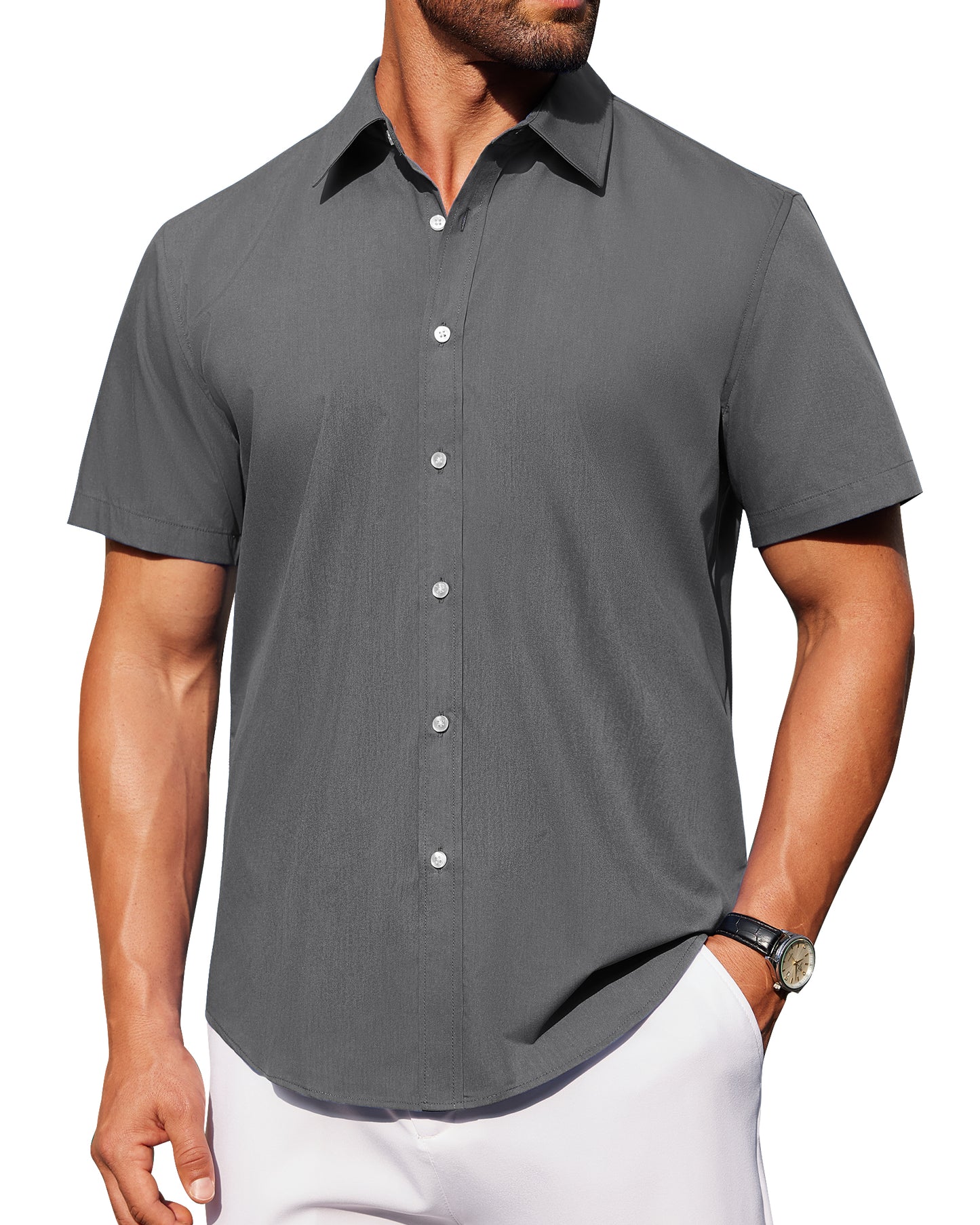 J.VER Mens Short Sleeve Button Down Shirt Stretch Casual Dress Shirts