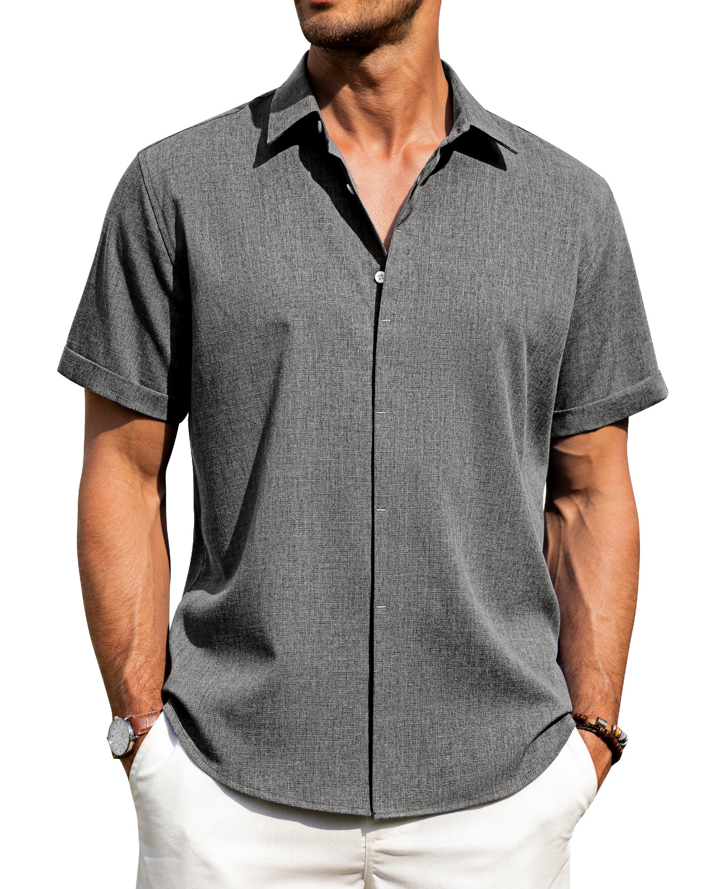 J.VER Men's Cotton Linen Short Sleeve Shirts