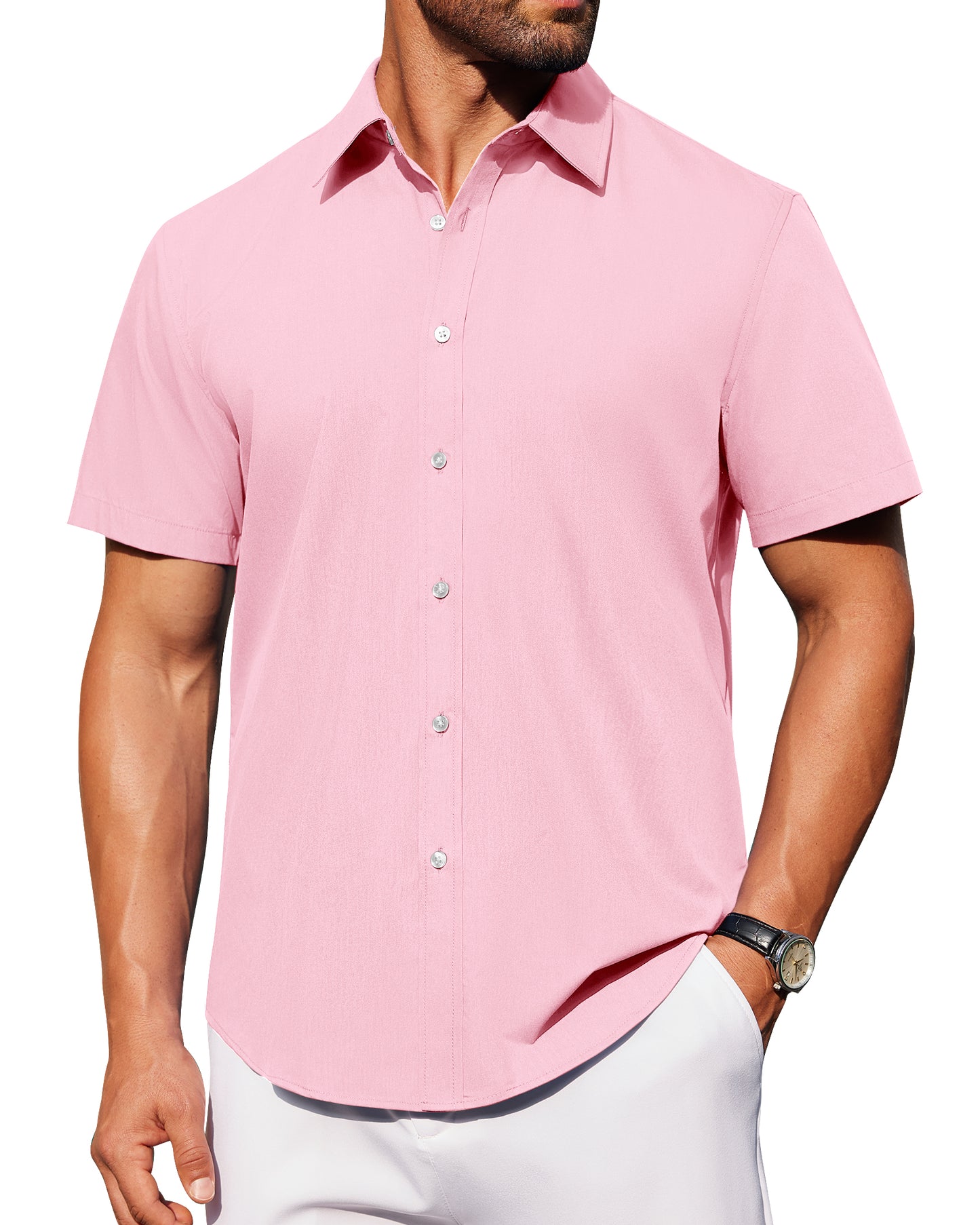 J.VER Mens Short Sleeve Button Down Shirt Stretch Casual Dress Shirts