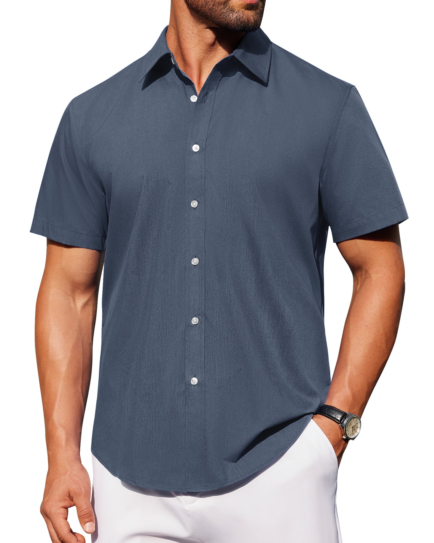 J.VER Mens Short Sleeve Button Down Shirt Stretch Casual Dress Shirts