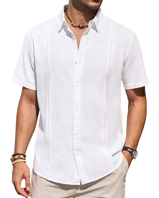 Mens Linen Shirts Short Sleeve Button Down Shirt Casual Cuban