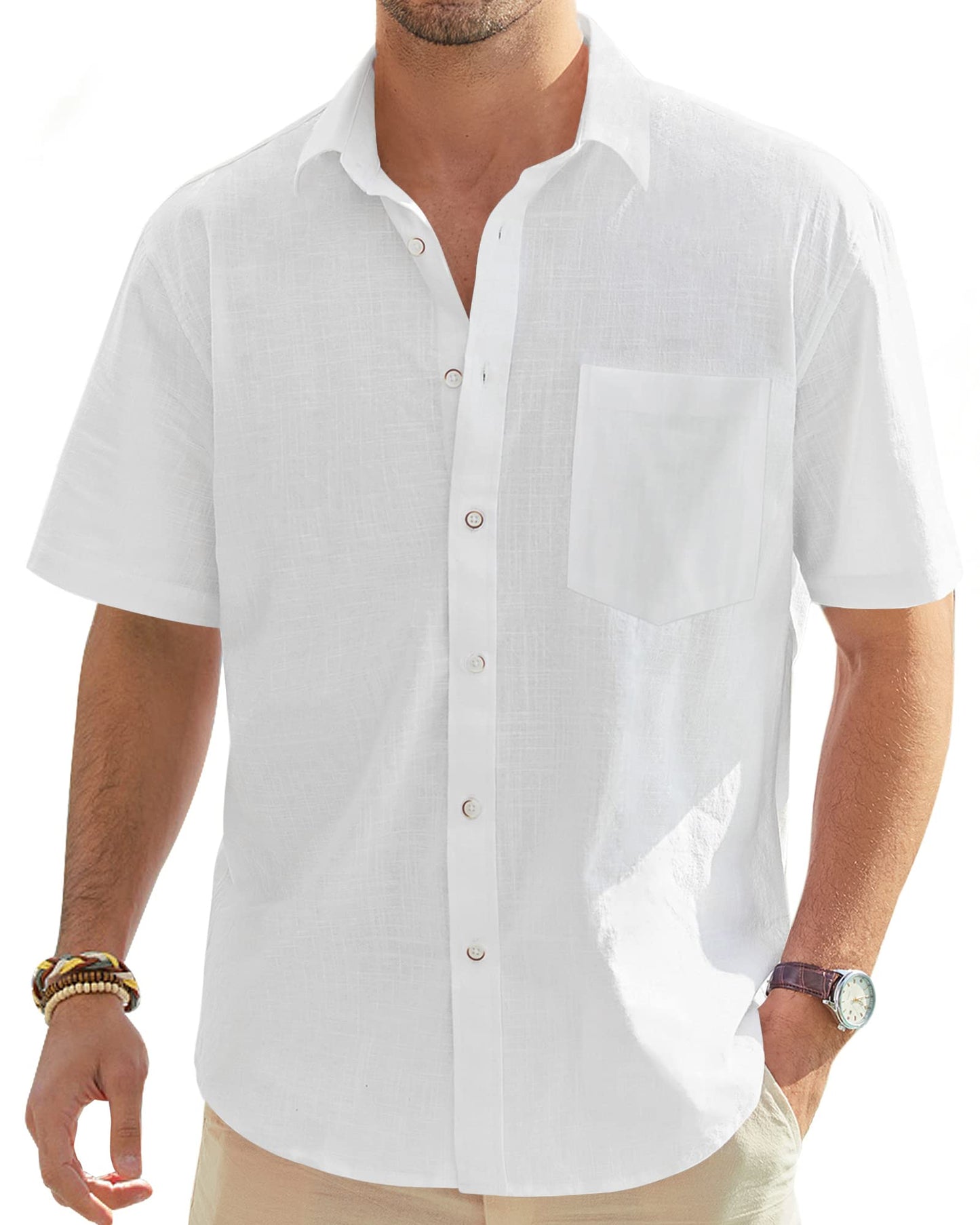 Mens Short Sleeve Linen Shirt Regular Fit Casual Summer Beach Shirt