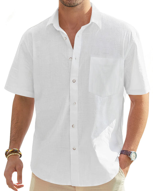 Mens Short Sleeve Linen Shirt Regular Fit Casual Summer Beach Shirt