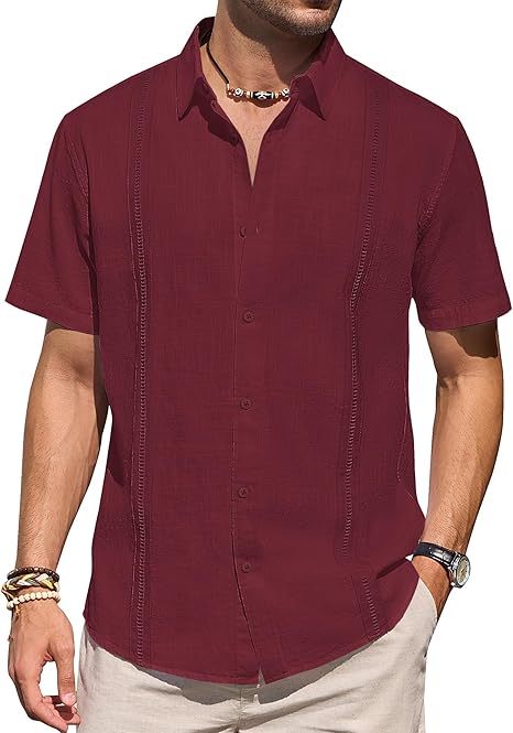 Mens Linen Shirts Short Sleeve Button Down Shirt Casual Cuban