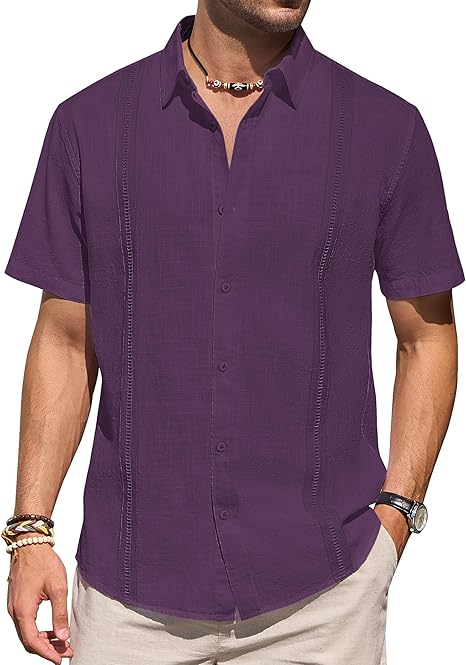Mens Linen Shirts Short Sleeve Button Down Shirt Casual Cuban