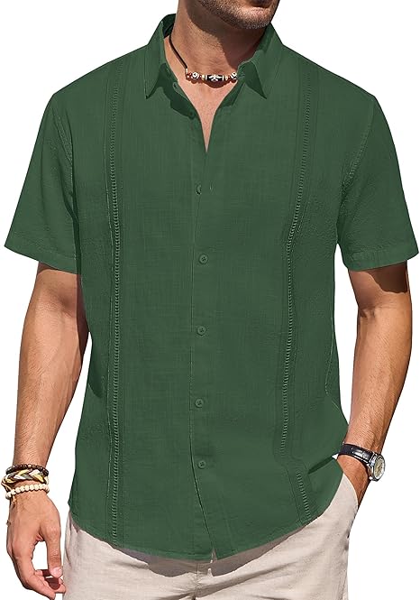 Mens Linen Shirts Short Sleeve Button Down Shirt Casual Cuban