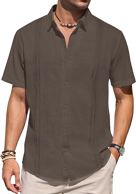 Mens Linen Shirts Short Sleeve Button Down Shirt Casual Cuban