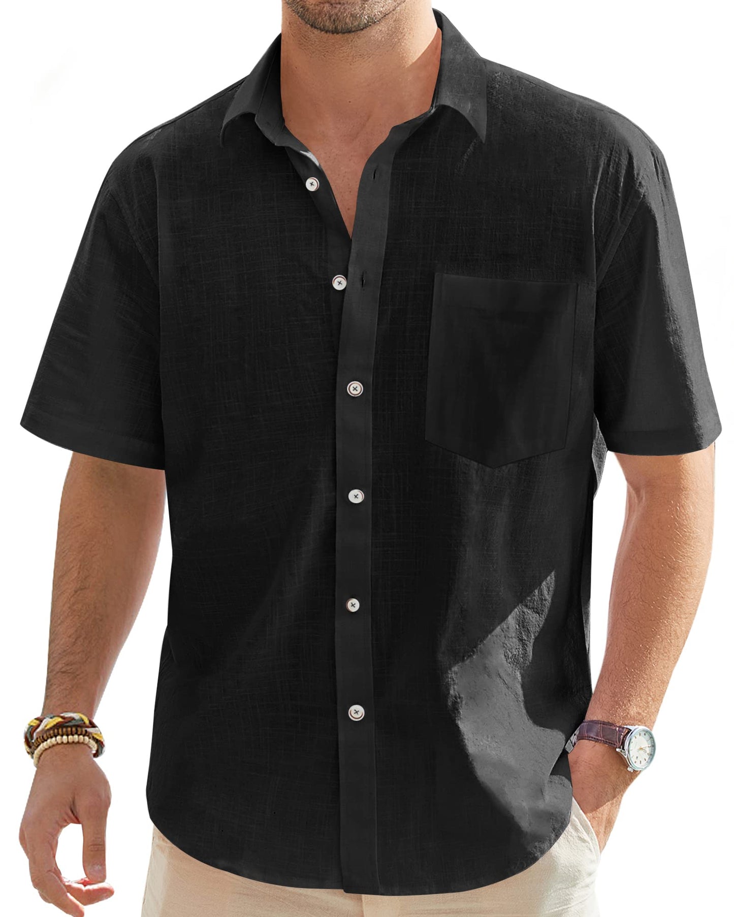 Mens Short Sleeve Linen Shirt Regular Fit Casual Summer Beach Shirt