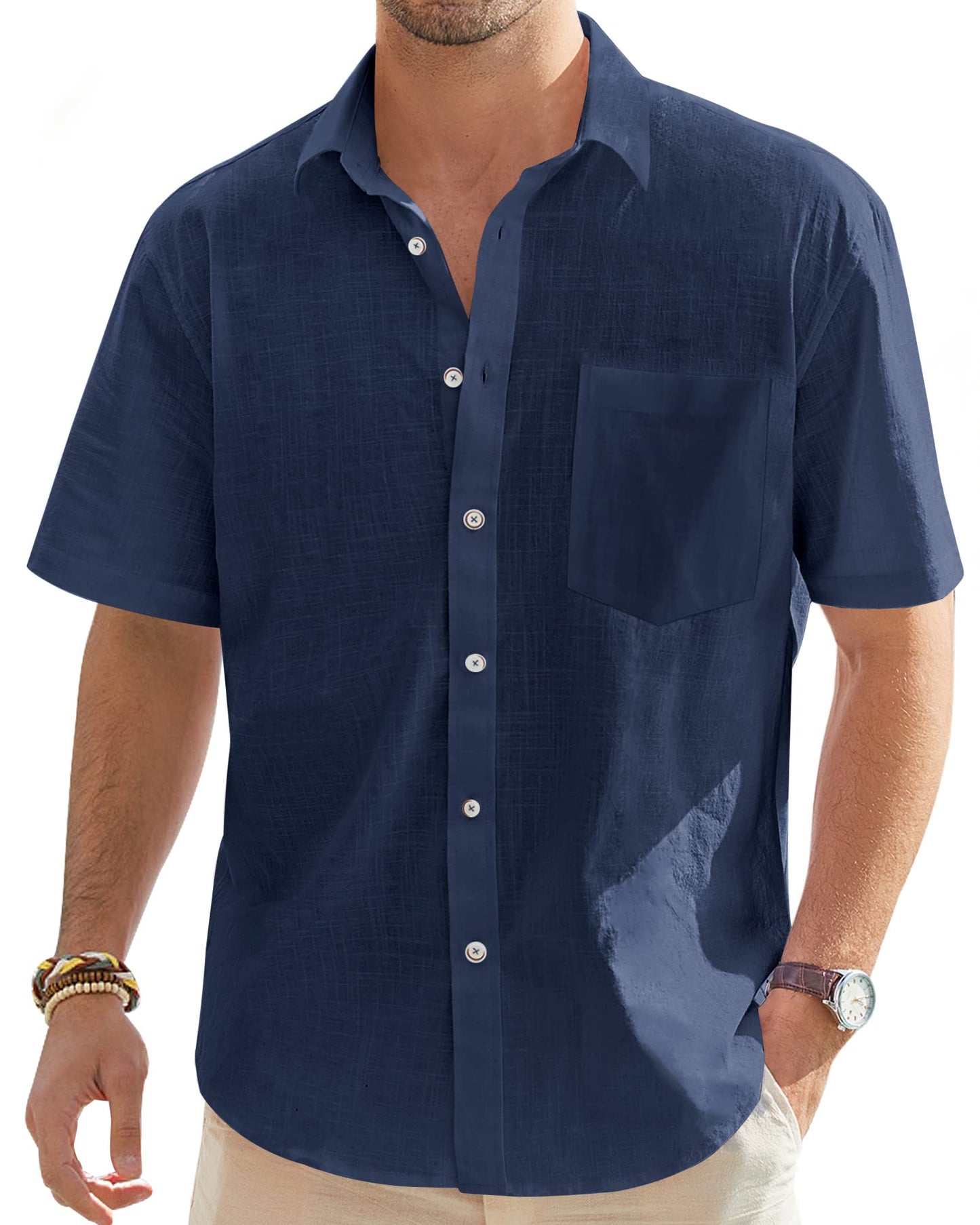 Mens Short Sleeve Linen Shirt Regular Fit Casual Summer Beach Shirt