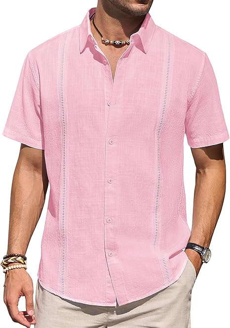 Mens Linen Shirts Short Sleeve Button Down Shirt Casual Cuban