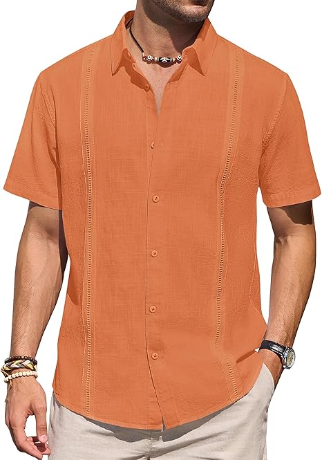 Mens Linen Shirts Short Sleeve Button Down Shirt Casual Cuban