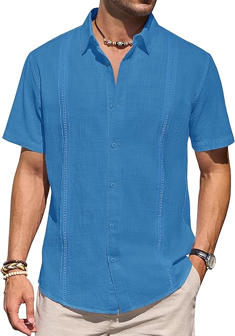 Mens Linen Shirts Short Sleeve Button Down Shirt Casual Cuban