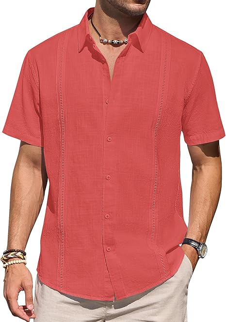 Mens Linen Shirts Short Sleeve Button Down Shirt Casual Cuban