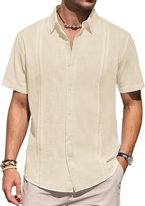 Mens Linen Shirts Short Sleeve Button Down Shirt Casual Cuban