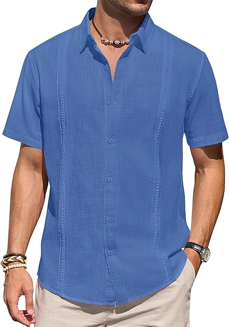 Mens Linen Shirts Short Sleeve Button Down Shirt Casual Cuban