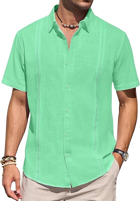 Mens Linen Shirts Short Sleeve Button Down Shirt Casual Cuban
