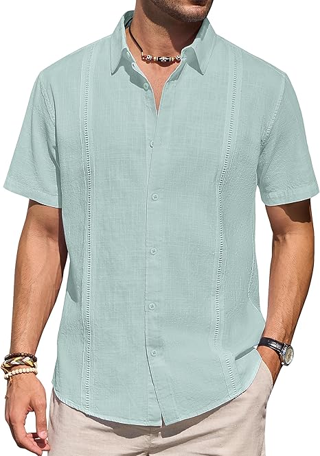 Mens Linen Shirts Short Sleeve Button Down Shirt Casual Cuban