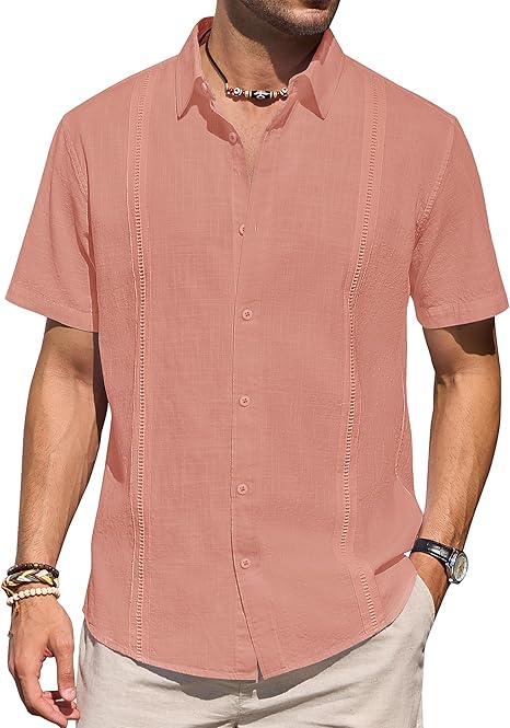 Mens Linen Shirts Short Sleeve Button Down Shirt Casual Cuban