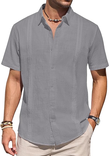 Mens Linen Shirts Short Sleeve Button Down Shirt Casual Cuban