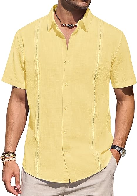 Mens Linen Shirts Short Sleeve Button Down Shirt Casual Cuban