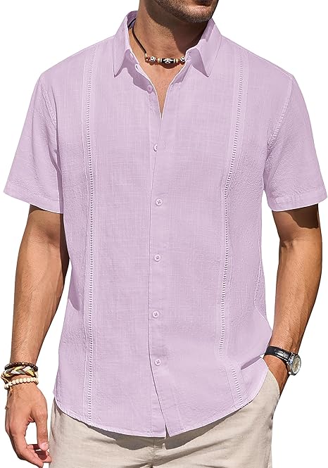Mens Linen Shirts Short Sleeve Button Down Shirt Casual Cuban