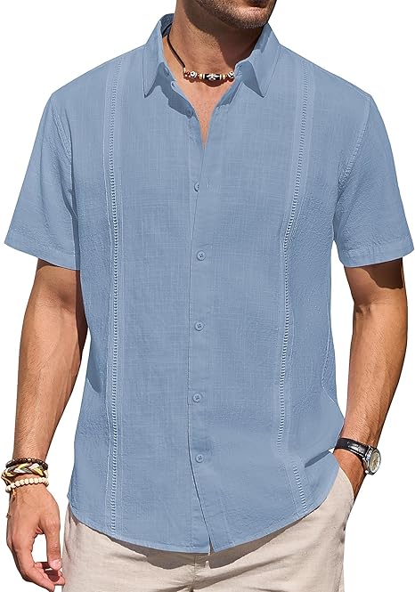 Mens Linen Shirts Short Sleeve Button Down Shirt Casual Cuban