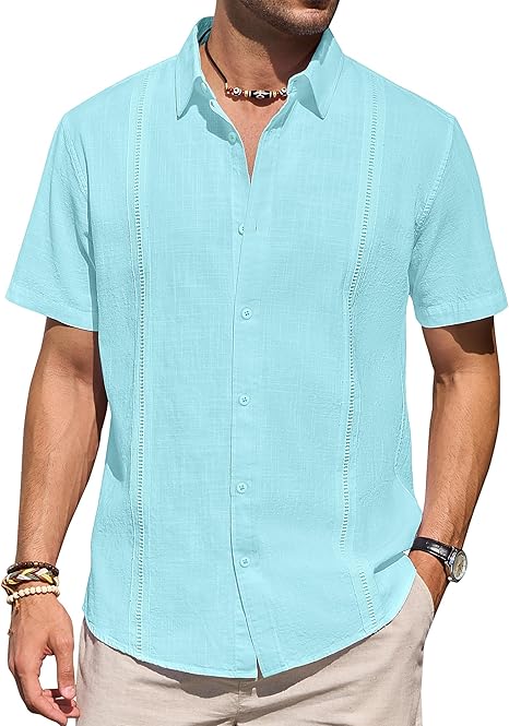 Mens Linen Shirts Short Sleeve Button Down Shirt Casual Cuban