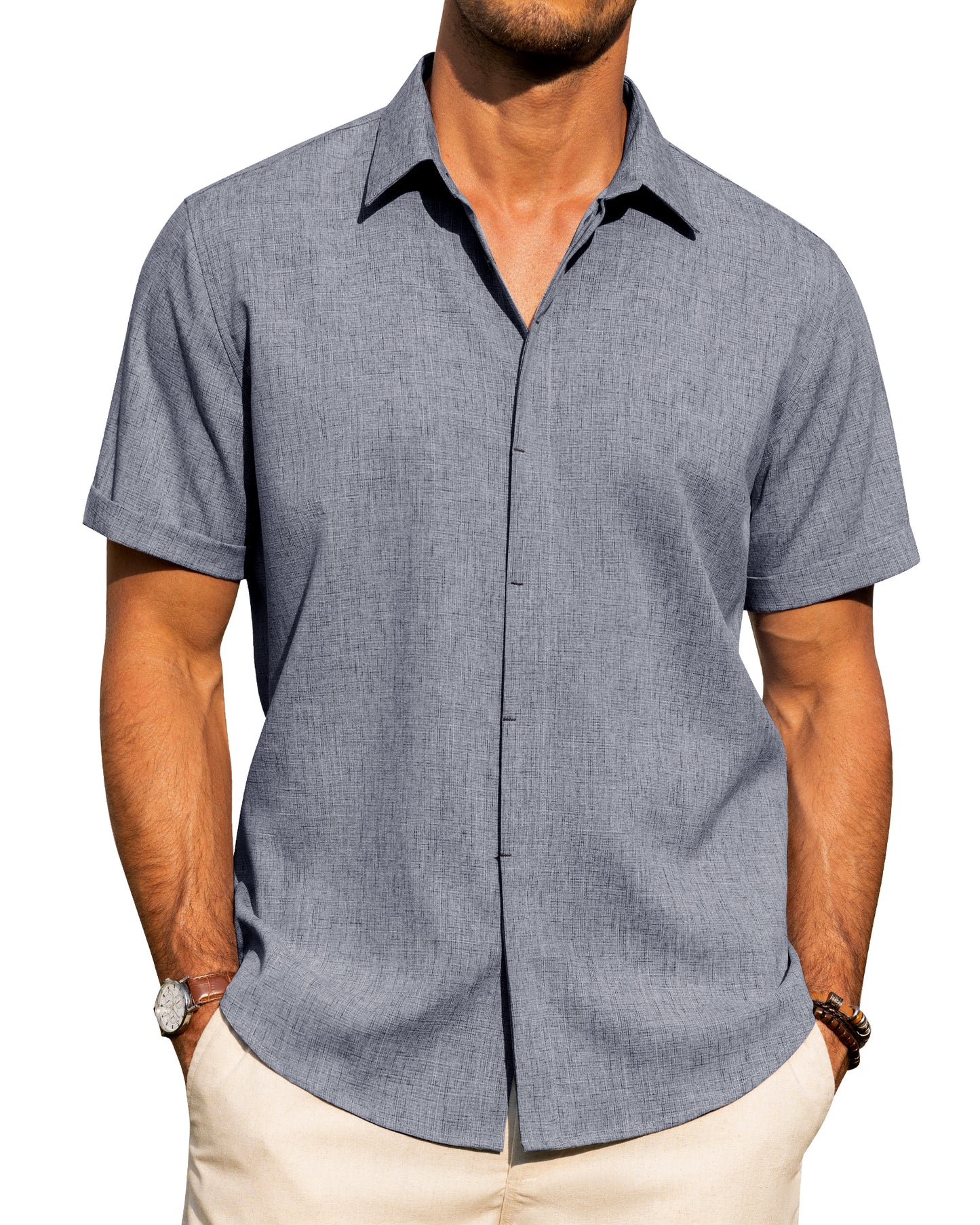 J.VER Men's Cotton Linen Short Sleeve Shirts