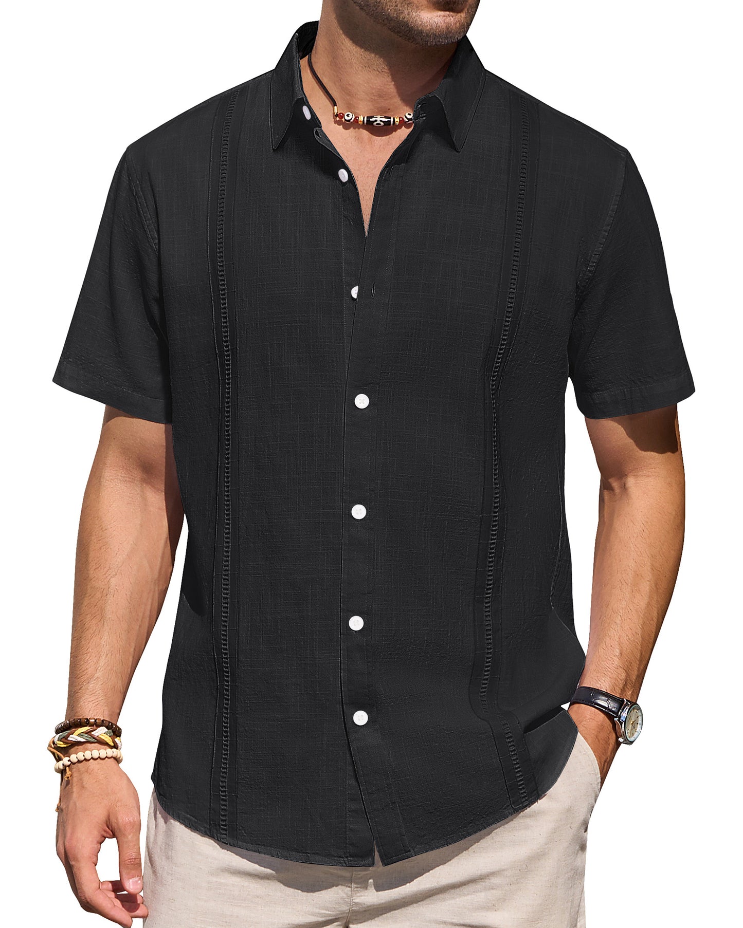 Mens Linen Shirts Short Sleeve Button Down Shirt Casual Cuban