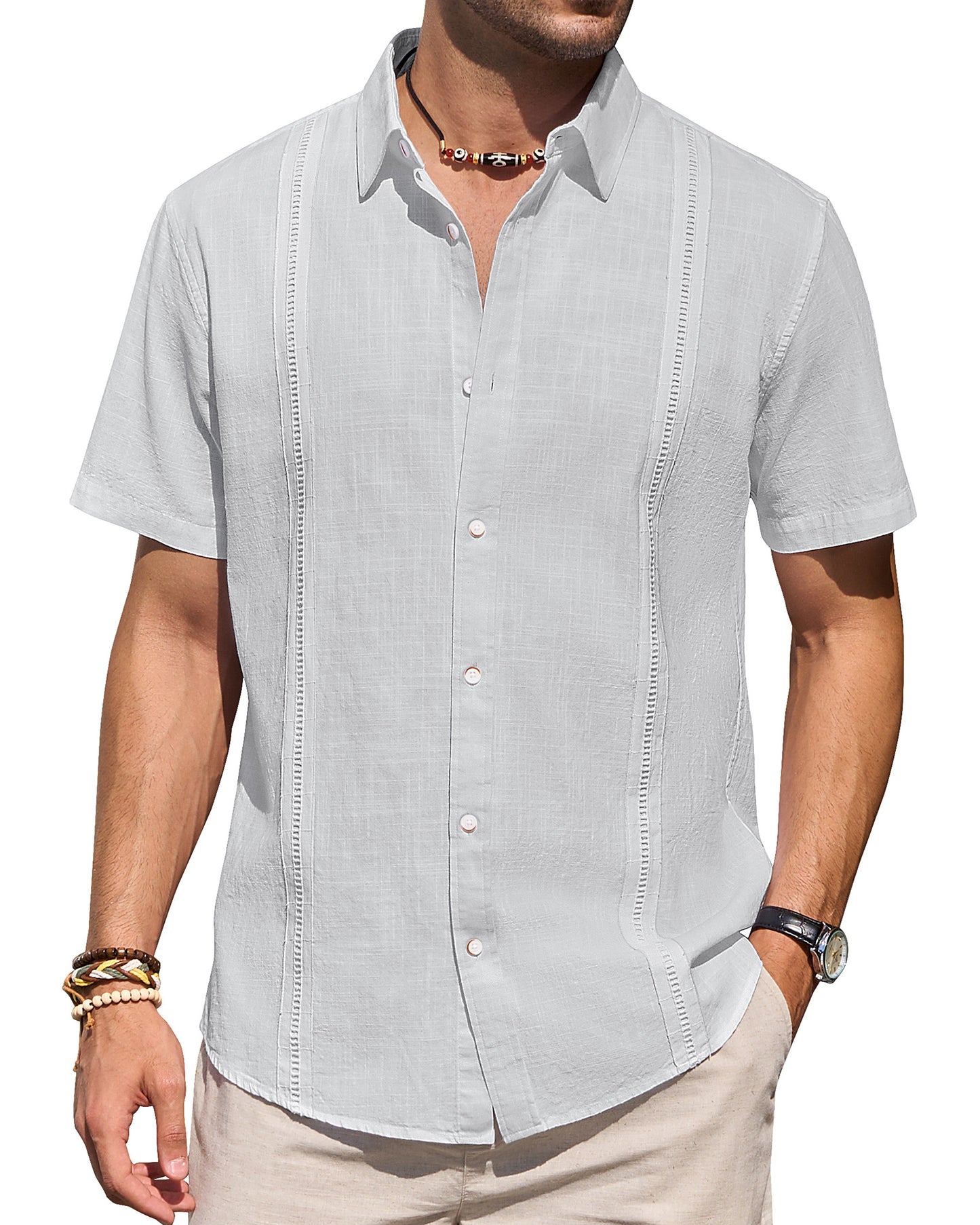 Mens Linen Shirts Short Sleeve Button Down Shirt Casual Cuban