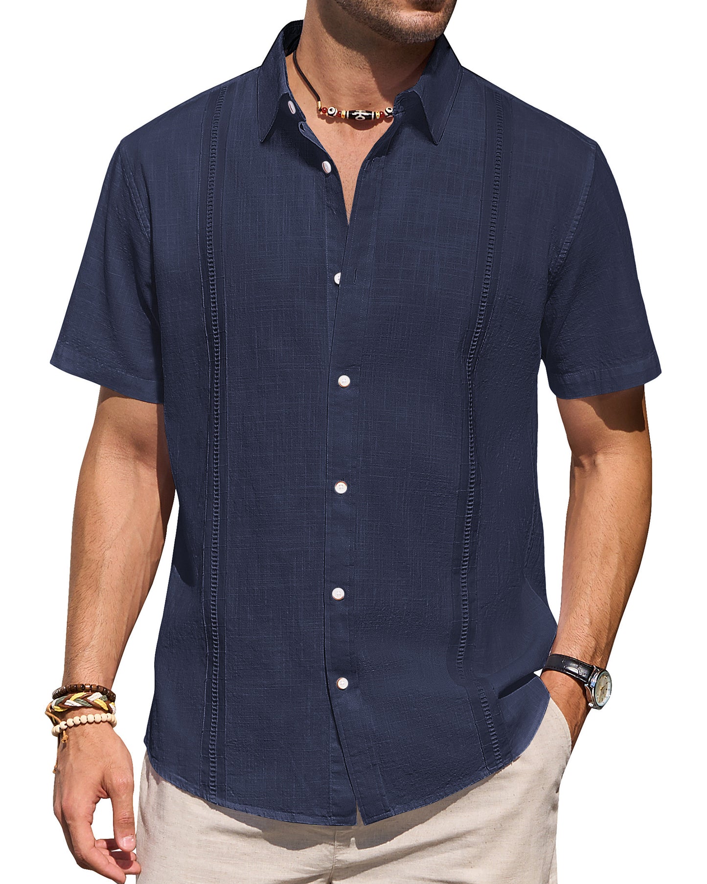 Mens Linen Shirts Short Sleeve Button Down Shirt Casual Cuban