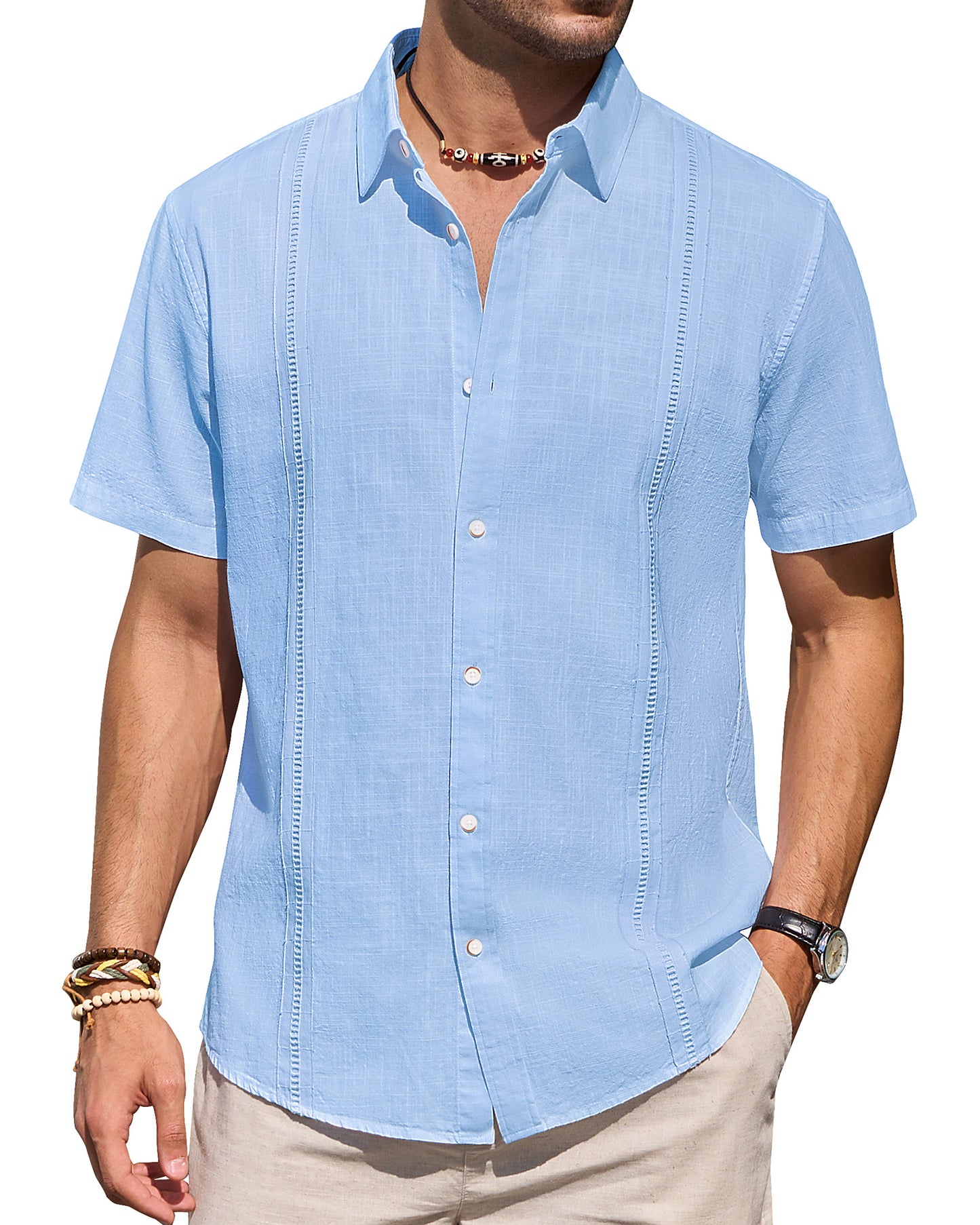 Mens Linen Shirts Short Sleeve Button Down Shirt Casual Cuban