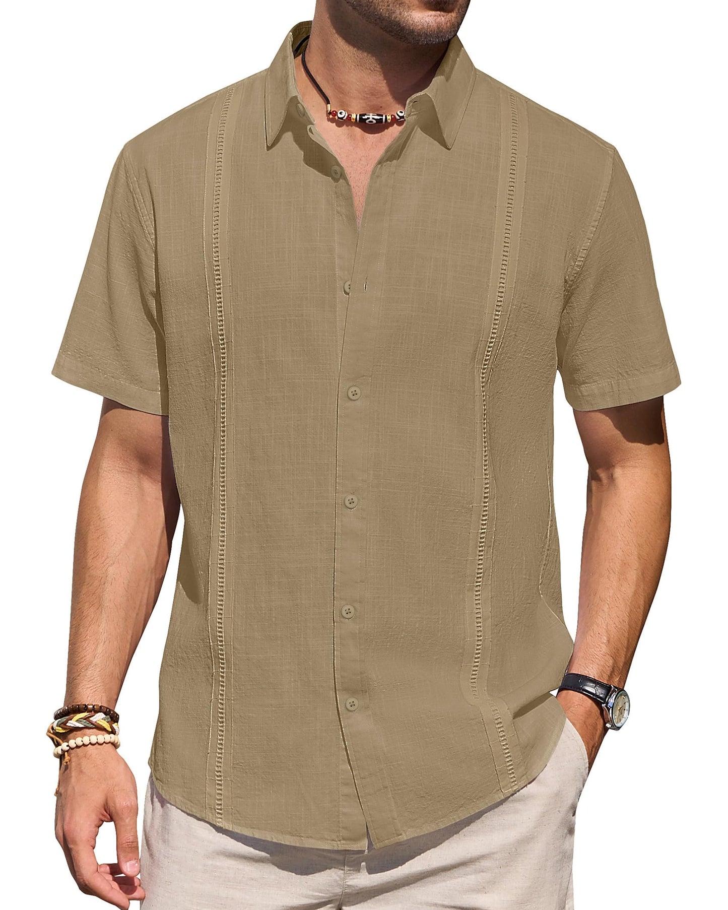Mens Linen Shirts Short Sleeve Button Down Shirt Casual Cuban