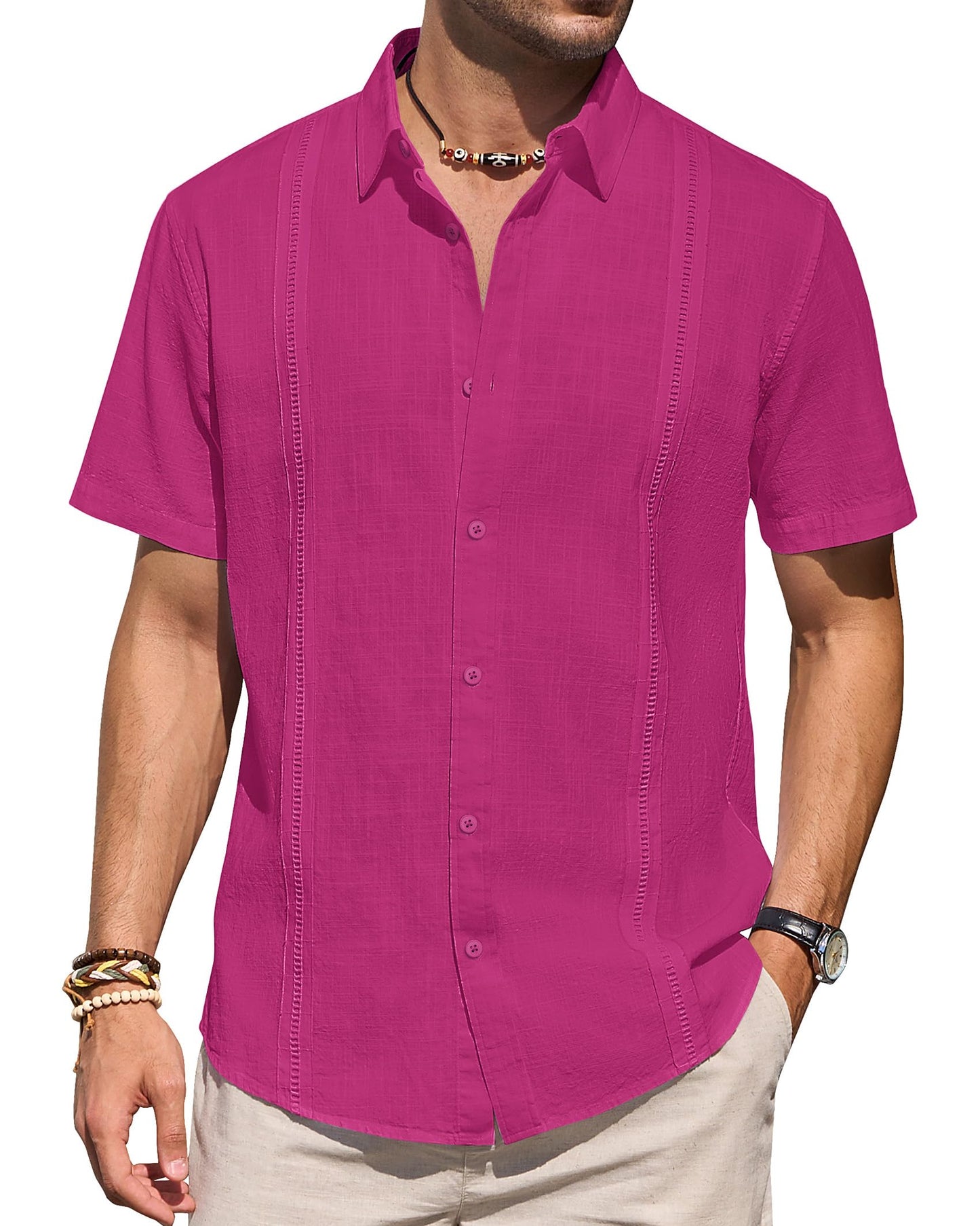 Mens Linen Shirts Short Sleeve Button Down Shirt Casual Cuban