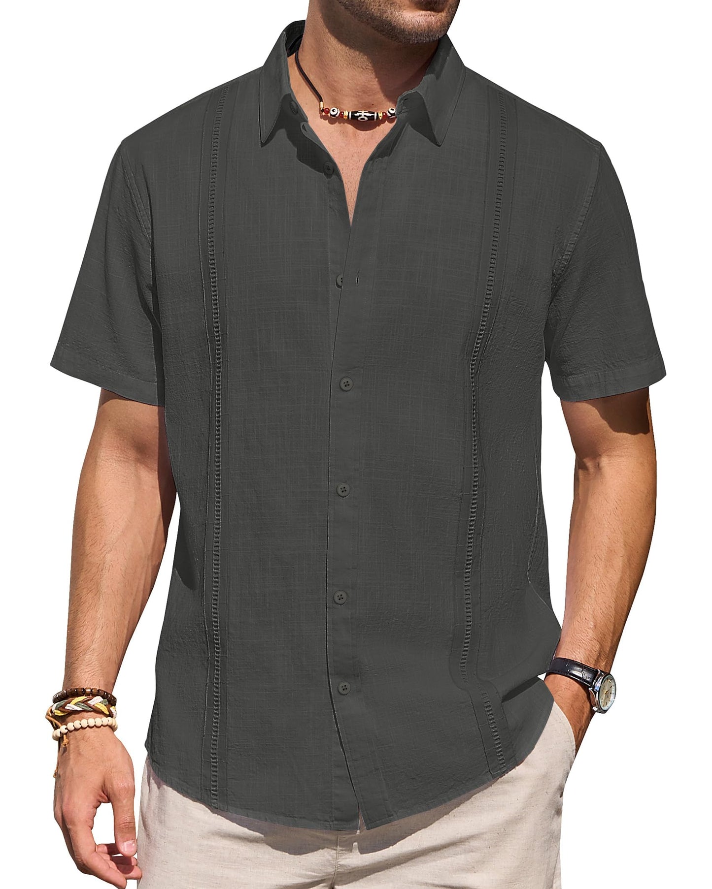 Mens Linen Shirts Short Sleeve Button Down Shirt Casual Cuban