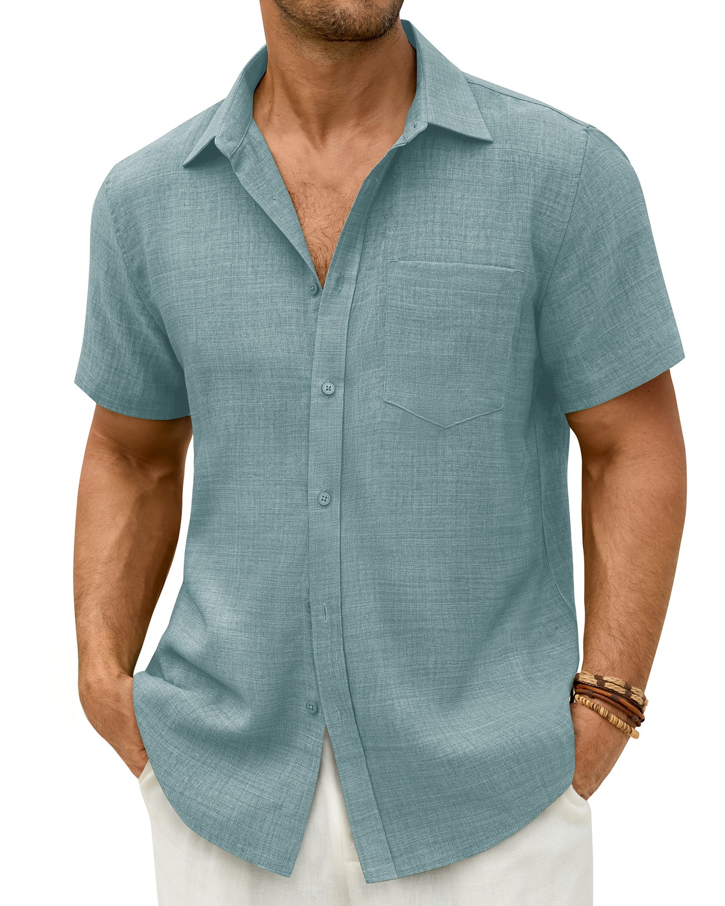 J.VER Mens Short Sleeve Wrinkle Free Linen Textured Shirt
