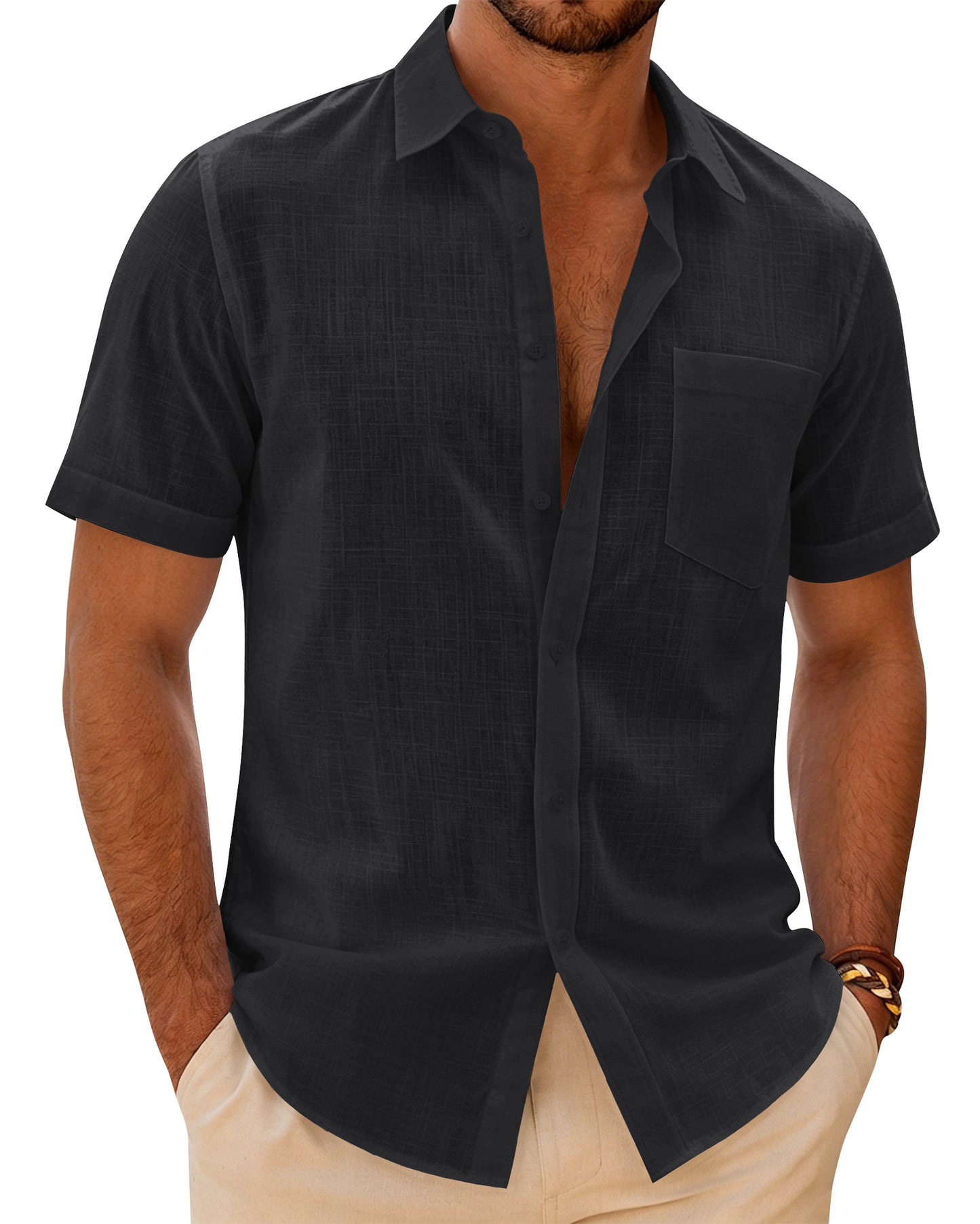 J.VER Mens Linen Textured Shirt Button Down Short Sleeve Cotton Shirts