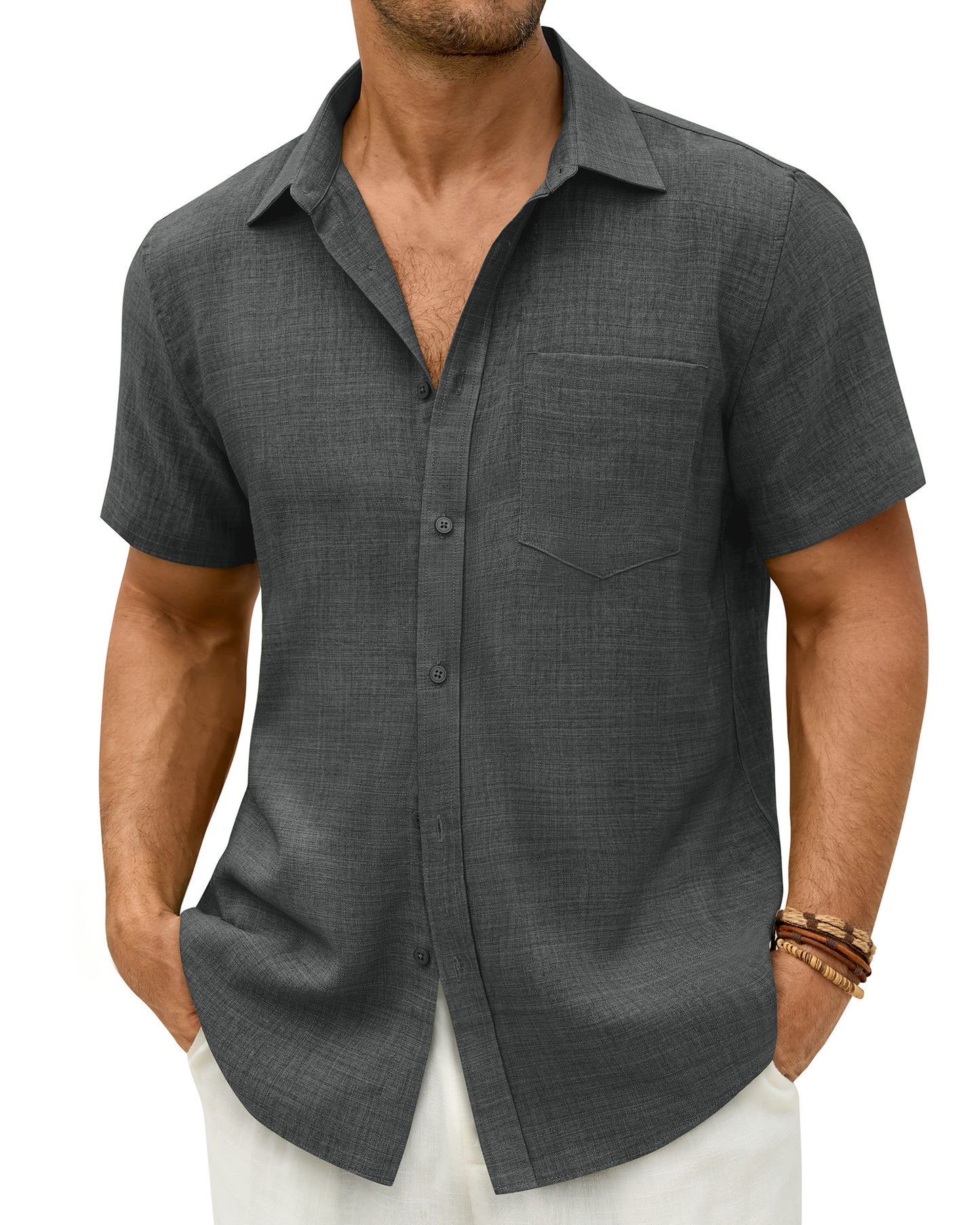 J.VER Mens Short Sleeve Wrinkle Free Linen Textured Shirt