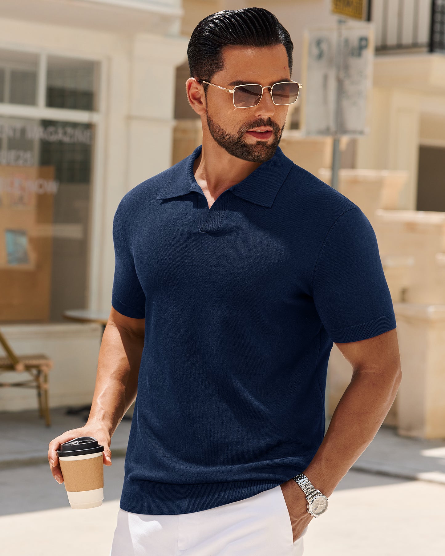 J VER Polo Shirts for Men Short Sleeve V Neck Knit Polo Shirt