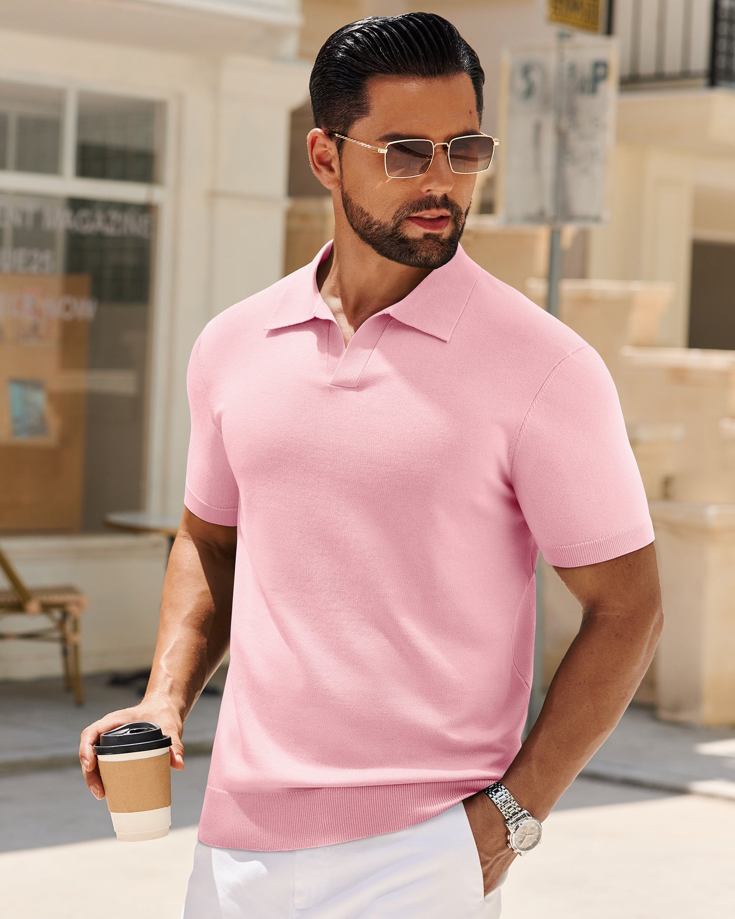 J VER Polo Shirts for Men Short Sleeve V Neck Knit Polo Shirt